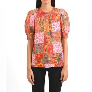 Banjanan Blouson Sleeve Organic Cotton Voile Top S in Patchwork Floral